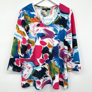 Calessa Top Shirt Size XL Stretch Knit 3/4 Sleeves Painterly Boho Artsy Abstract